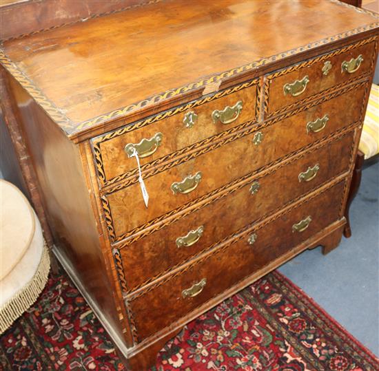 An early 18th century burr walnut chest, W.3ft 3in. D.1ft 10in. H.2ft 11in.